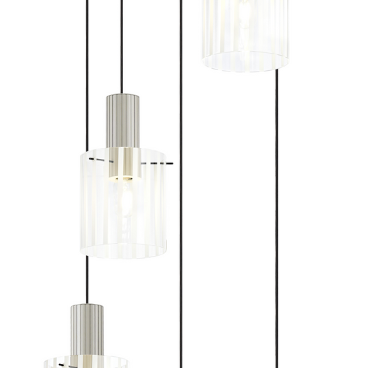 C-Lighting Bridge Ribbed Round Pendant, 5 Light Adjustable E27, Painted Beige/Frosted Wide Line Glass -