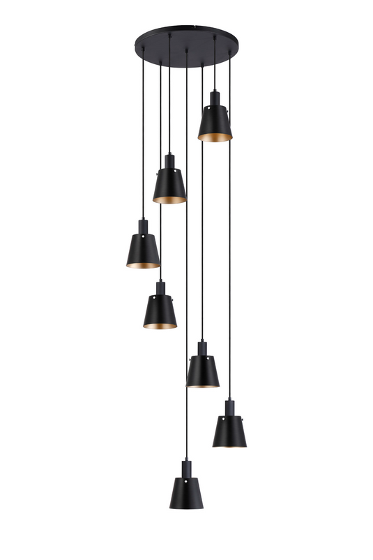C-Lighting Hektor Round Pendant With 16cm x 14cm Shade, 7 Light E27, Sand Black/Black/Gold Metal Shade - 60898