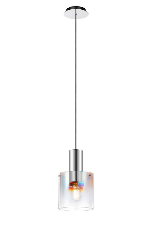 C-Lighting Bridge Single Pendant, 1 Light Adjustable E27, Polished Nickel/Black/Iridescent Fade Glass - 61028