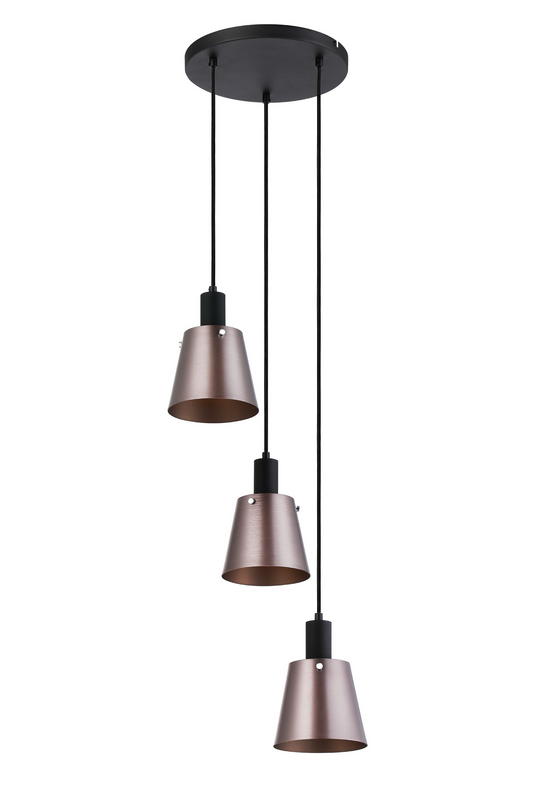 C-Lighting Hektor Round Pendant With 16cm x 14cm Shade, 3 Light E27, Sand Black/Brown/Copper Metal Shade - 60887