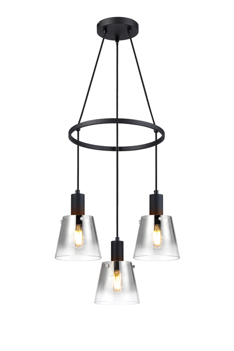 C-Lighting Hektor Ring Pendant With 16cm x 14cm Shade, 3 Light E27, Sand Black/Smoke Faded Glass Shade - 60909