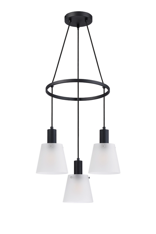 C-Lighting Hektor Ring Pendant With 16cm x 14cm Shade, 3 Light E27, Sand Black/Frosted White Glass Shade - 60908