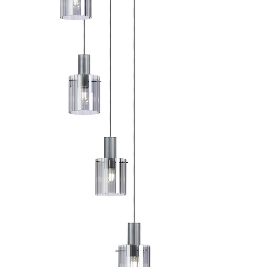 C-Lighting Bridge Ribbed Round Pendant, 9 Light Adjustable E27, Dark Grey/Smoke Wide Line Glass -