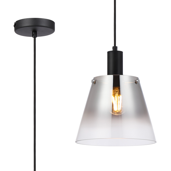 C-Lighting Hektor Single Pendant With 23cm x 18cm Shade, 1 Light E27, Sand Black/Smoke Faded Glass Shade  -