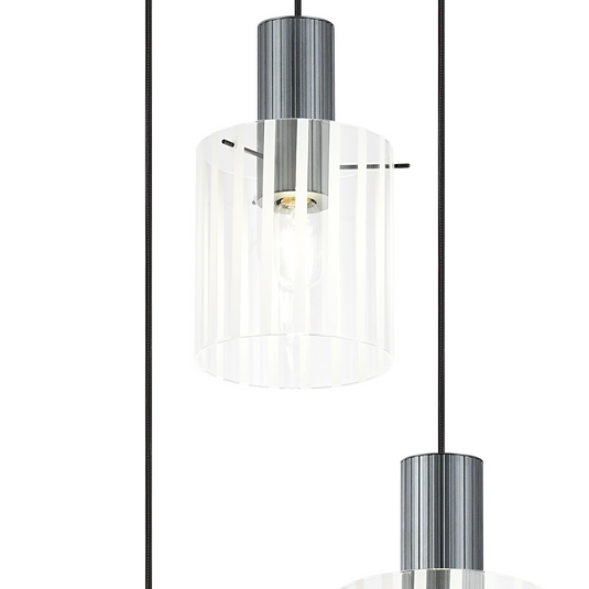 C-Lighting Bridge Ribbed Round Pendant, 3 Light Adjustable E27, Dark Grey/Frosted Wide Line Glass-