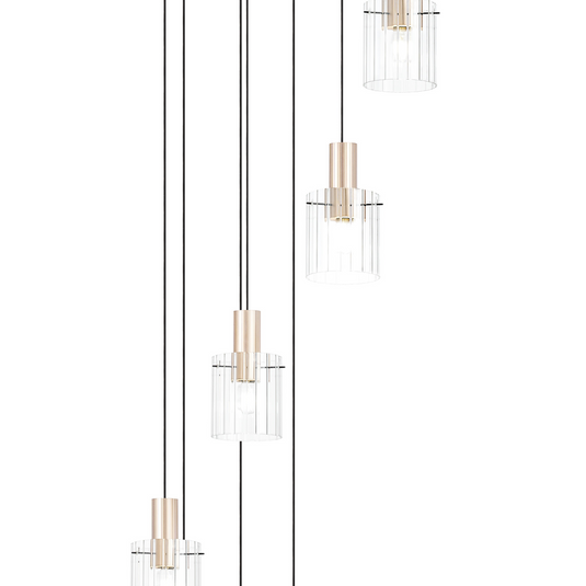 C-Lighting Bridge Ribbed Round Pendant, 9 Light Adjustable E27, Light Gold/Clear Wide Line Glass -