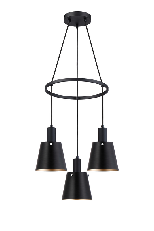C-Lighting Hektor Ring Pendant With 16cm x 14cm Shade, 3 Light E27, Sand Black/Black/Gold Metal Shade - 60904