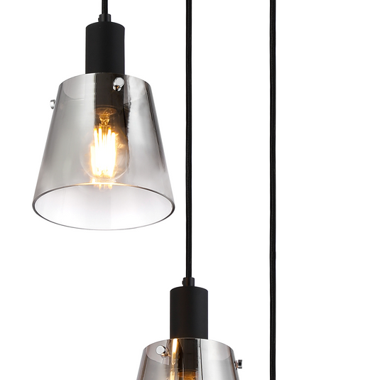 C-Lighting Hektor Round Pendant With 16cm x 14cm Shade, 3 Light E27, Sand Black/Smoke Faded Glass Shade - 60891