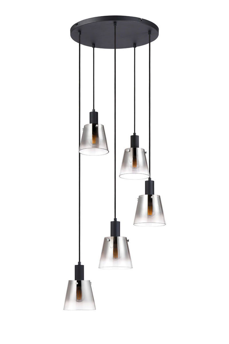 Load image into Gallery viewer, C-Lighting Hektor Round Pendant With 16cm x 14cm Shade, 5 Light E27, Sand Black/Smoke Faded Glass Shade - 60897
