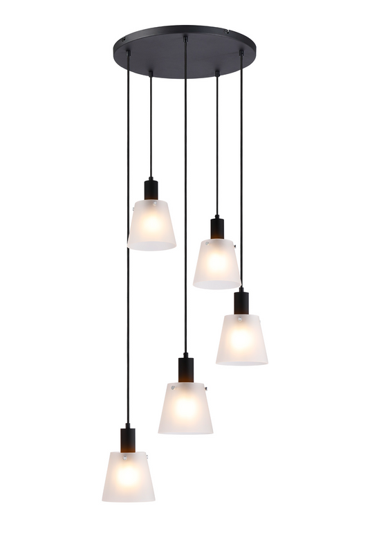 C-Lighting Hektor Round Pendant With 16cm x 14cm Shade, 5 Light E27, Sand Black/Frosted White Glass Shade - 60896