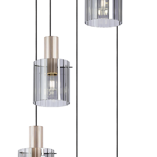 C-Lighting Bridge Ribbed Round Pendant, 5 Light Adjustable E27, Light Gold/Smoke Wide Line Glass -