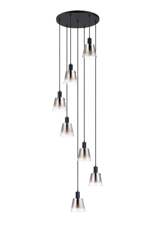 C-Lighting Hektor Round Pendant With 16cm x 14cm Shade, 7 Light E27, Sand Black/Smoke Faded Glass Shade - 60903