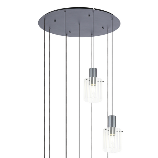 C-Lighting Bridge Ribbed Round Pendant, 9 Light Adjustable E27, Dark Grey/Frosted Wide Line Glass -