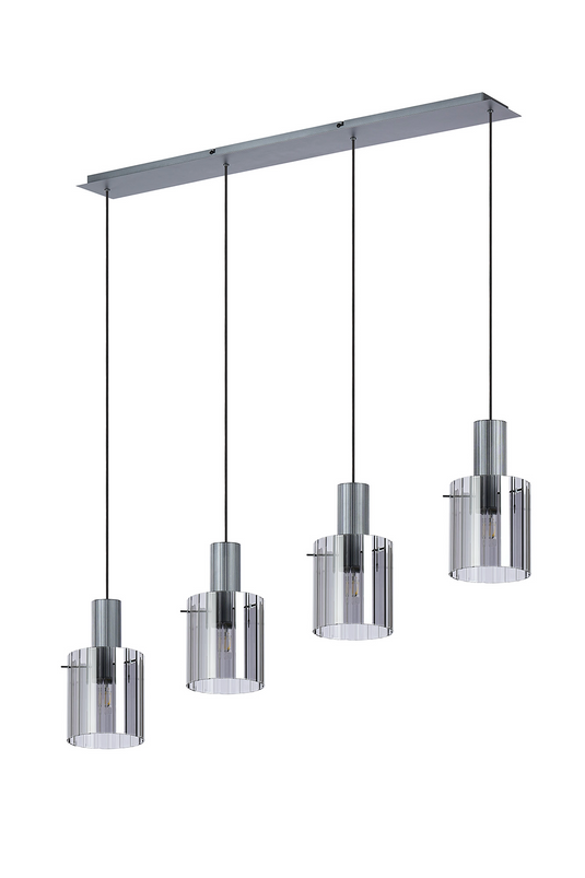 C-Lighting Bridge Ribbed Linear Pendant, 4 Light Adjustable E27, Dark Grey/Smoke Wide Line Glass -