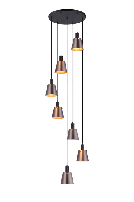 C-Lighting Hektor Round Pendant With 16cm x 14cm Shade, 7 Light E27, Sand Black/Brown/Copper Metal Shade - 60899