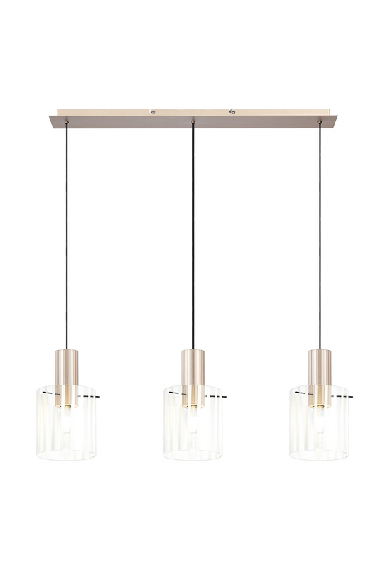 C-Lighting Bridge Ribbed Linear Pendant, 3 Light Adjustable E27, Light Gold/Frosted Wide Line Glass -