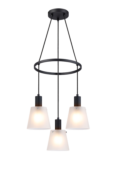 C-Lighting Hektor Ring Pendant With 16cm x 14cm Shade, 3 Light E27, Sand Black/Frosted White Glass Shade - 60908