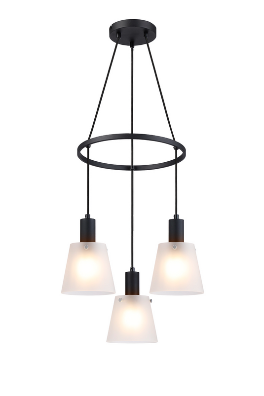 C-Lighting Hektor Ring Pendant With 16cm x 14cm Shade, 3 Light E27, Sand Black/Frosted White Glass Shade - 60908