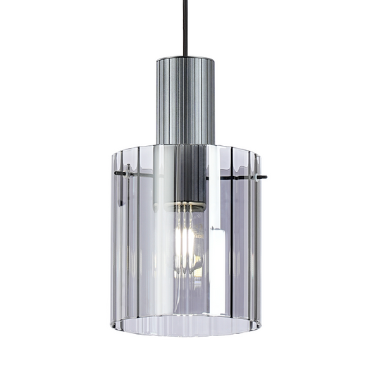 C-Lighting Bridge Ribbed Single Pendant, 1 Light Adjustable E27, Dark Grey/Smoke Wide Line Glass -