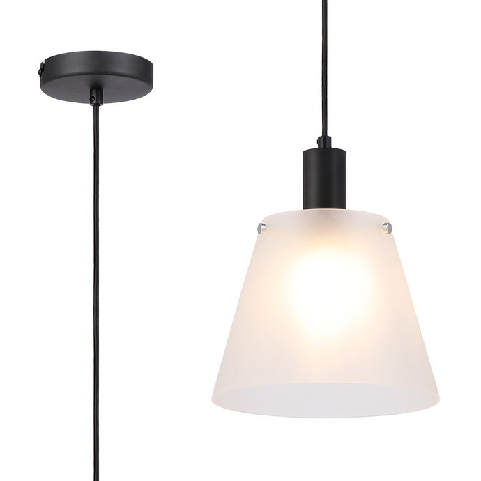 C-Lighting Hektor Single Pendant With 23cm x 18cm Shade, 1 Light E27, Sand Black/Frosted White Glass Shade  - 60869