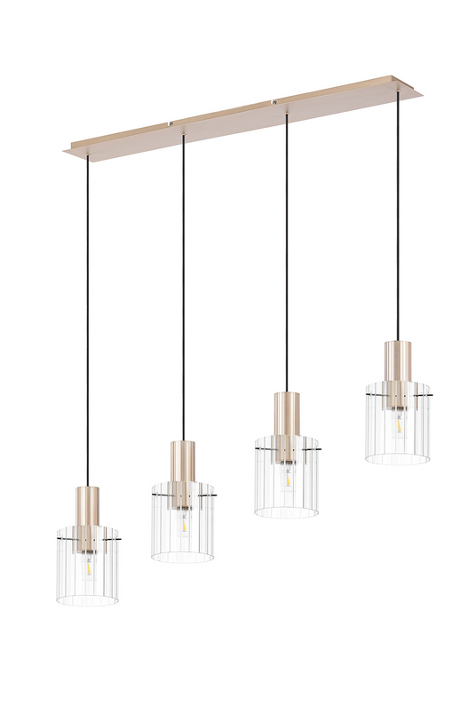 C-Lighting Bridge Ribbed Linear Pendant, 4 Light Adjustable E27, Light Gold/Clear Wide Line Glass -