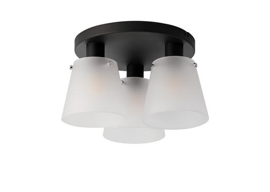 C-Lighting Hektor Round Ceiling Light With 16cm x 14cm Shade, 3 Light E27, Sand Black/Frosted White Glass Shade  - 60855