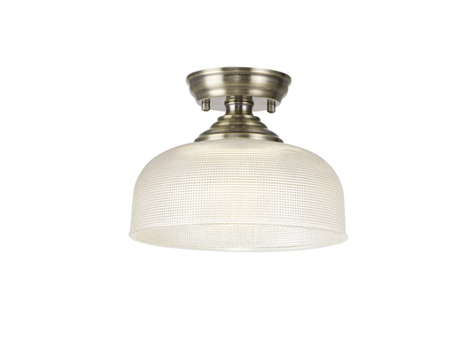 C-Lighting Nash 1 Light Flush Ceiling E27 With Round 26.5cm Prismatic Effect Glass Shade Antique Brass/Clear -