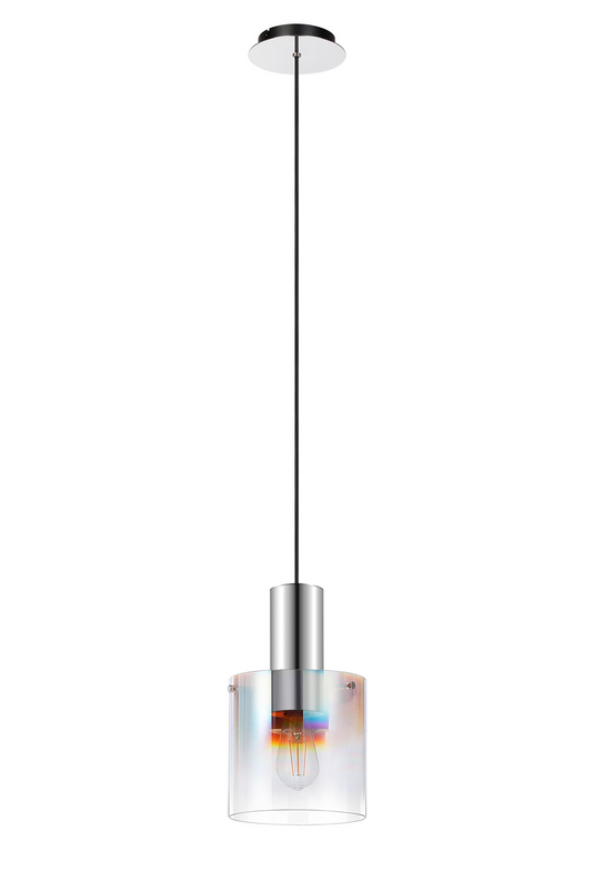 C-Lighting Bridge Single Pendant, 1 Light Adjustable E27, Polished Nickel/Black/Iridescent Fade Glass - 61028