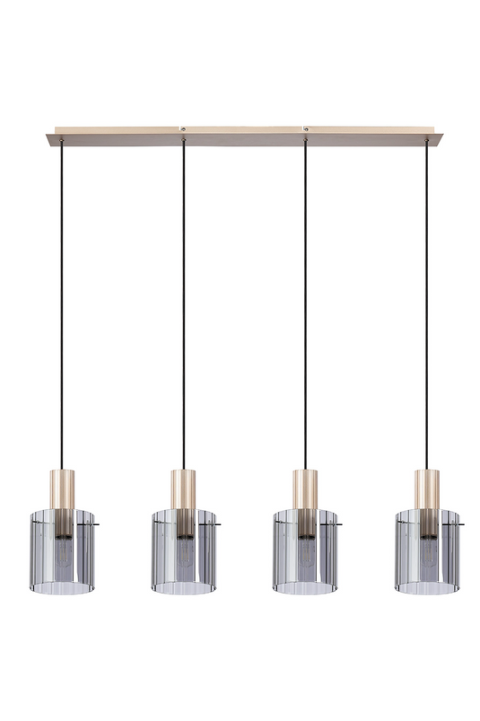 C-Lighting Bridge Ribbed Linear Pendant, 4 Light Adjustable E27, Light Gold/Smoke Wide Line Glass -