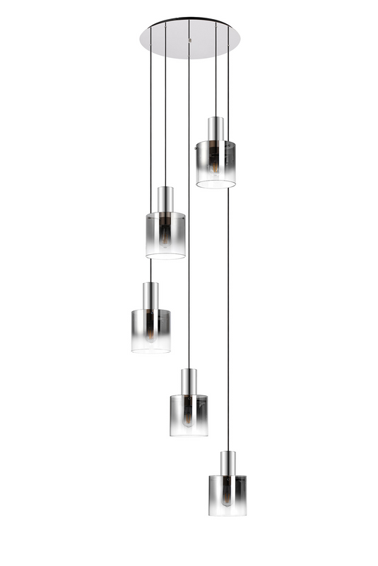 C-Lighting Bridge Round Pendant, 5 Light E27, Polished Nickel/Black/Smoke Fade Glass - 61042