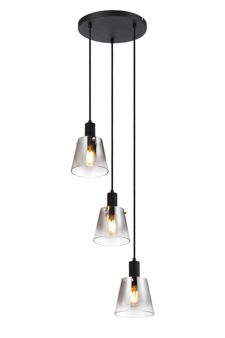 C-Lighting Hektor Round Pendant With 16cm x 14cm Shade, 3 Light E27, Sand Black/Smoke Faded Glass Shade - 60891