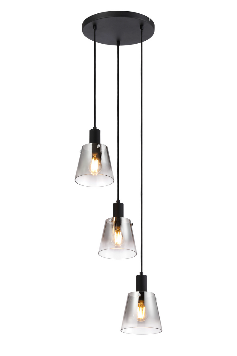 Load image into Gallery viewer, C-Lighting Hektor Round Pendant With 16cm x 14cm Shade, 3 Light E27, Sand Black/Smoke Faded Glass Shade - 60891
