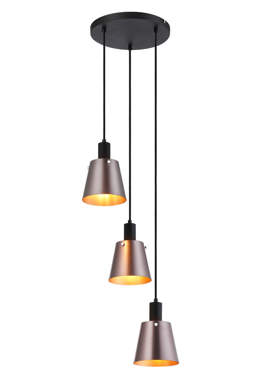C-Lighting Hektor Round Pendant With 16cm x 14cm Shade, 3 Light E27, Sand Black/Brown/Copper Metal Shade - 60887
