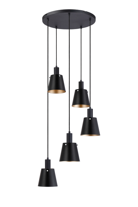 C-Lighting Hektor Round Pendant With 16cm x 14cm Shade, 5 Light E27, Sand Black/Black/Gold Metal Shade - 60892