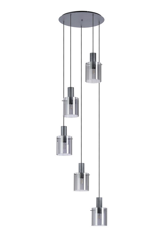 C-Lighting Bridge Ribbed Round Pendant, 5 Light Adjustable E27, Dark Grey/Smoke Wide Line Glass -