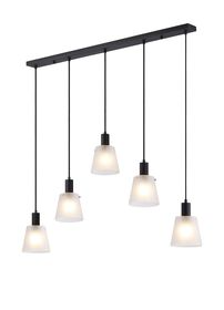 C-Lighting Hektor Linear Pendant With 16cm x 14cm Shade, 5 Light E27, Sand Black/Frosted White Glass Shade - 60884