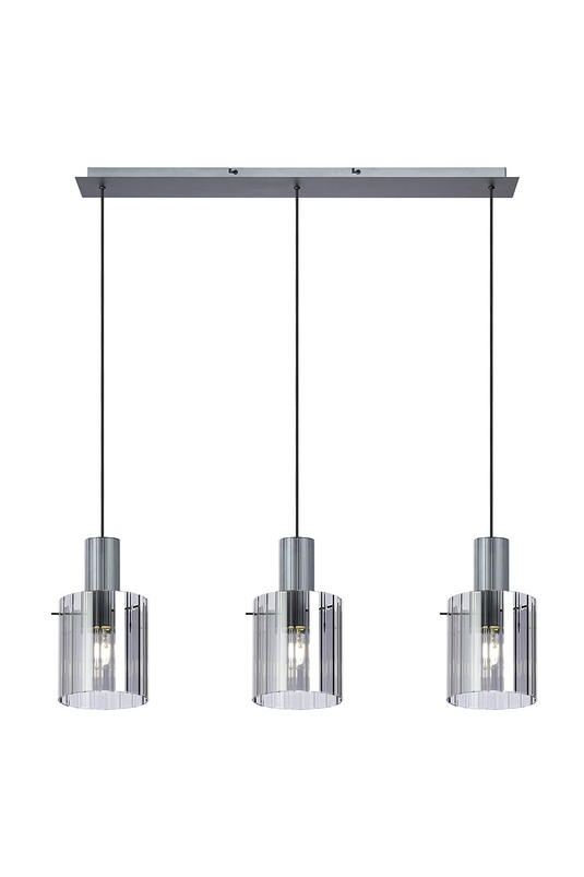 C-Lighting Bridge Ribbed Linear Pendant, 3 Light Adjustable E27, Dark Grey/Smoke Wide Line Glass -