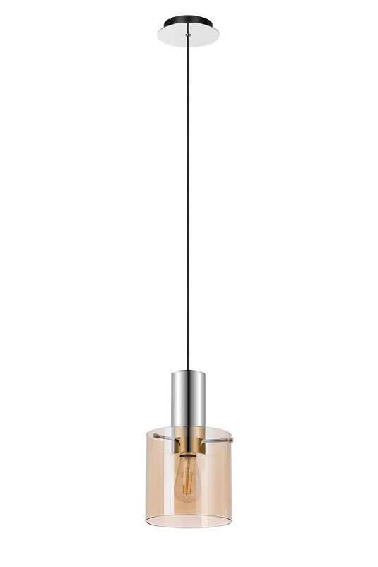 C-Lighting Bridge Single Pendant, 1 Light Adjustable E27, Polished Nickel/Black/Amber Glass - 61026