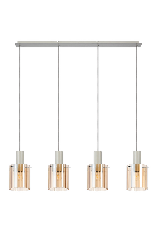 C-Lighting Bridge Ribbed Linear Pendant, 4 Light Adjustable E27, Painted Beige/Amber Wide Line Glass -