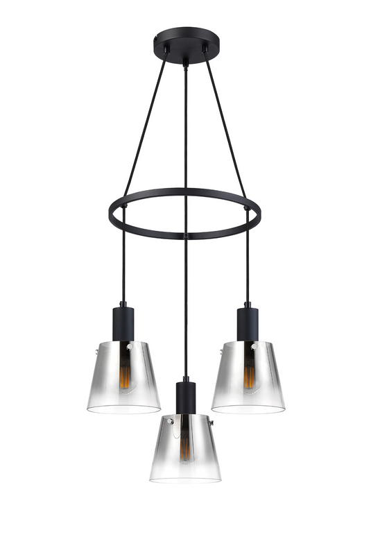 C-Lighting Hektor Ring Pendant With 16cm x 14cm Shade, 3 Light E27, Sand Black/Smoke Faded Glass Shade - 60909