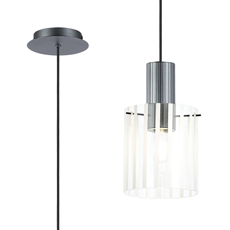 Load image into Gallery viewer, C-Lighting Bridge Ribbed Single Pendant, 1 Light Adjustable E27, Dark Grey/Frosted Wide Line Glass -
