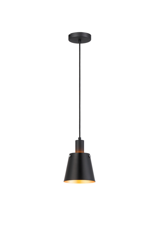 C-Lighting Hektor Single Pendant With 16cm x 14cm Shade, 1 Light E27, Sand Black/Black/Gold Metal Shade - 59683
