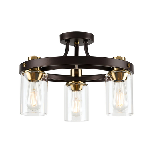 C-Lighting Moles 45cm Round Semi Flush Ceiling 3 Light E27, Brown Oxide/Gold Bronze With Clear Glass Shades - 60941