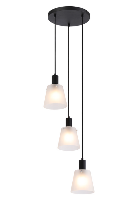 C-Lighting Hektor Round Pendant With 16cm x 14cm Shade, 3 Light E27, Sand Black/Frosted White Glass Shade - 60890
