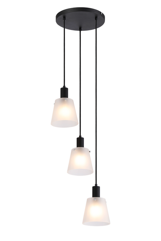 C-Lighting Hektor Round Pendant With 16cm x 14cm Shade, 3 Light E27, Sand Black/Frosted White Glass Shade - 60890