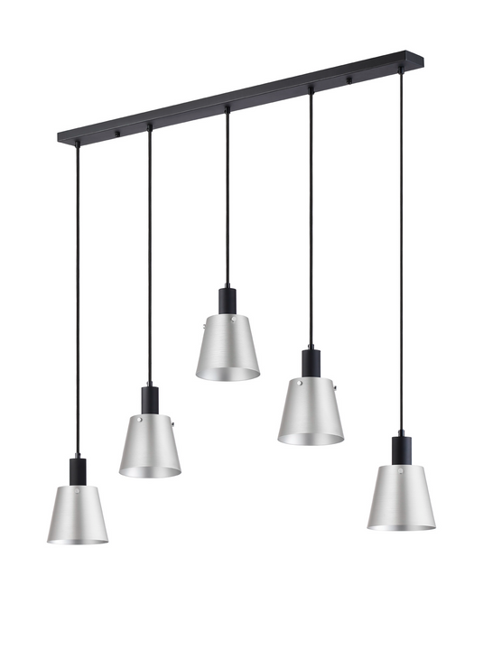 C-Lighting Hektor Linear Pendant With 16cm x 14cm Shade, 5 Light E27, Sand Black/Light Grey/Silver Metal Shade - 60883
