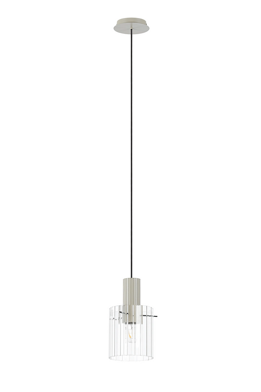 C-Lighting Bridge Ribbed Single Pendant, 1 Light Adjustable E27, Painted Beige/Clear Wide Line Glass -