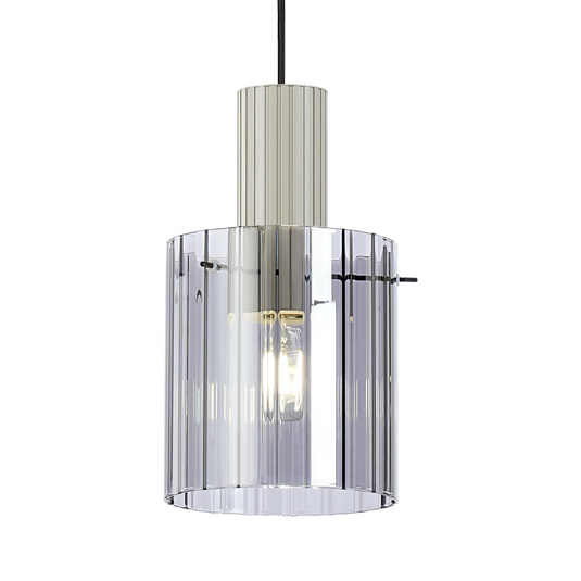 C-Lighting Bridge Ribbed Single Pendant, 1 Light Adjustable E27, Painted Beige/Smoke Wide Line Glass -