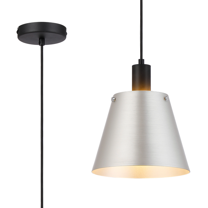 C-Lighting Hektor Single Pendant With 23cm x 18cm Shade, 1 Light E27, Sand Black/Light Grey/Silver Metal Shade  - 60873