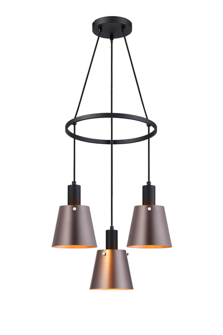 C-Lighting Hektor Ring Pendant With 16cm x 14cm Shade, 3 Light E27, Sand Black/Brown/Copper Metal Shade - 60905